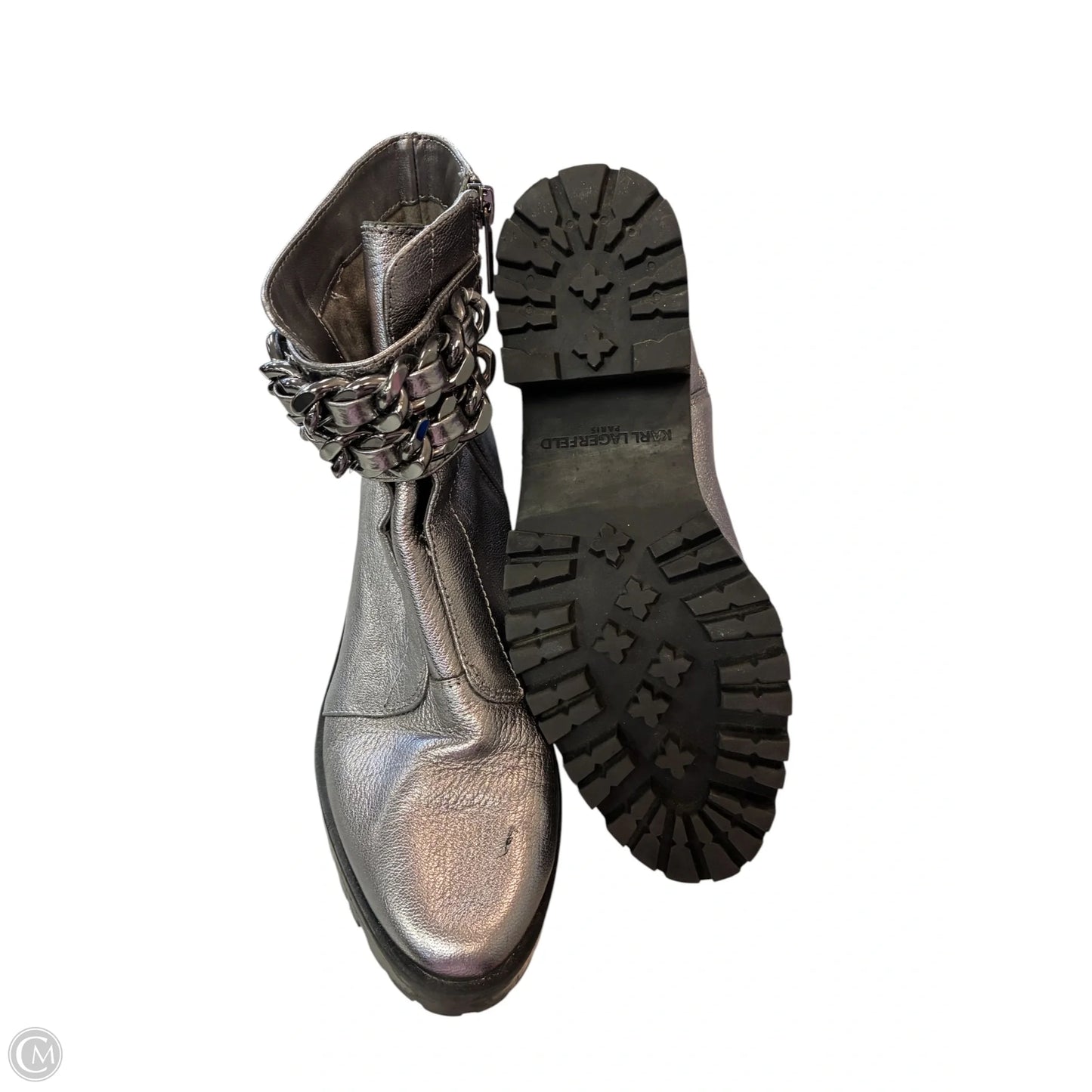 Boots Designer By Karl Lagerfeld In Silver, Size: 7.5