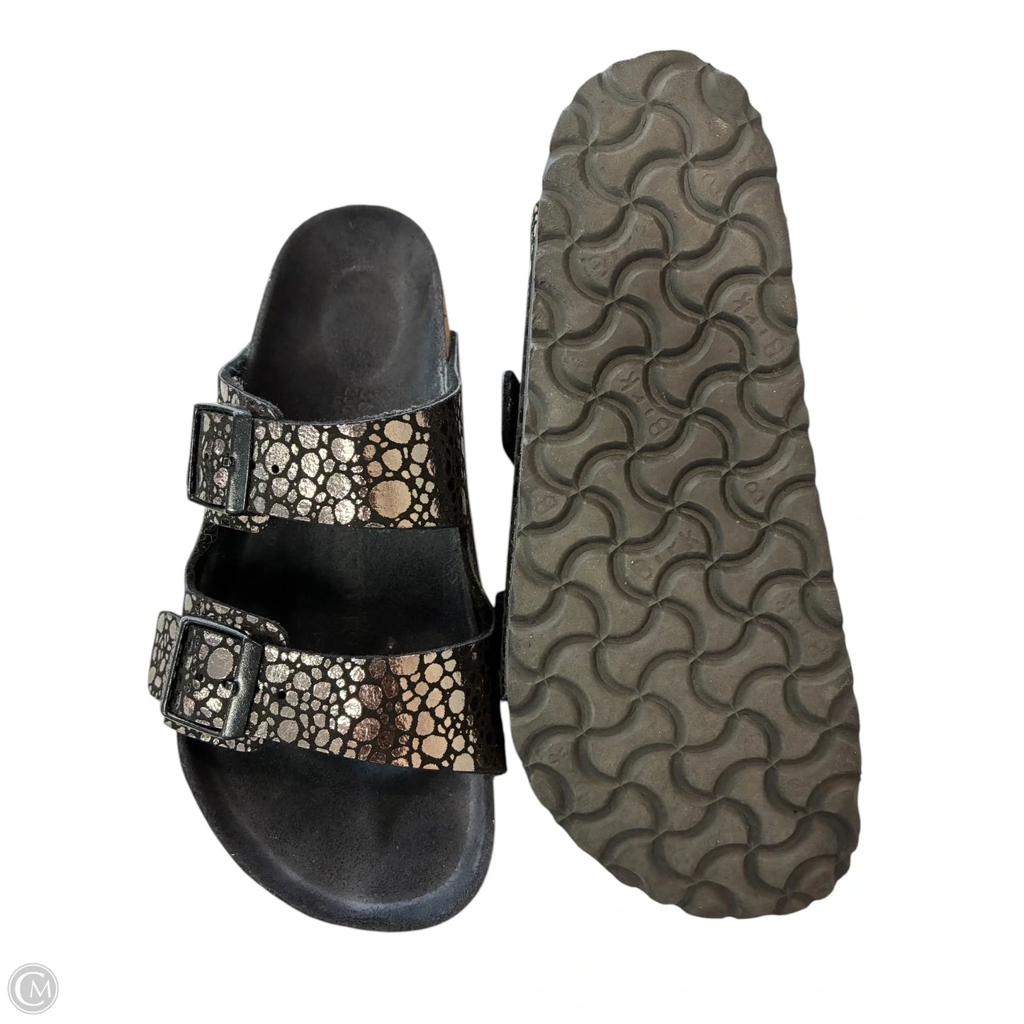 Sandals Flats By Birkenstock In Black & Silver, Size: 8
