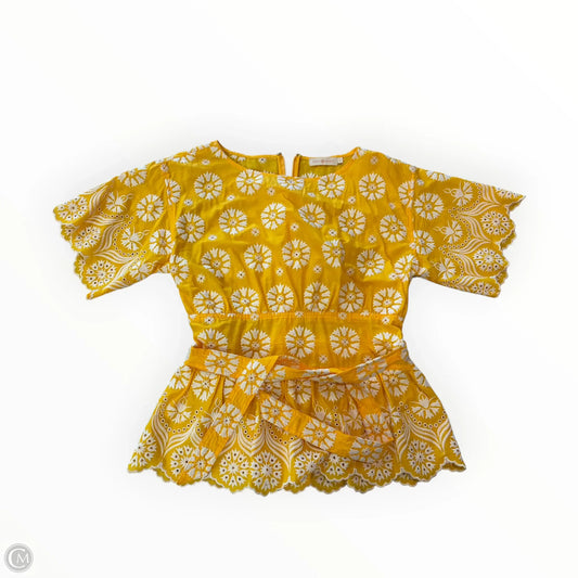 Top Short Sleeve Designer By Tory Burch In White & Yellow, Size: S